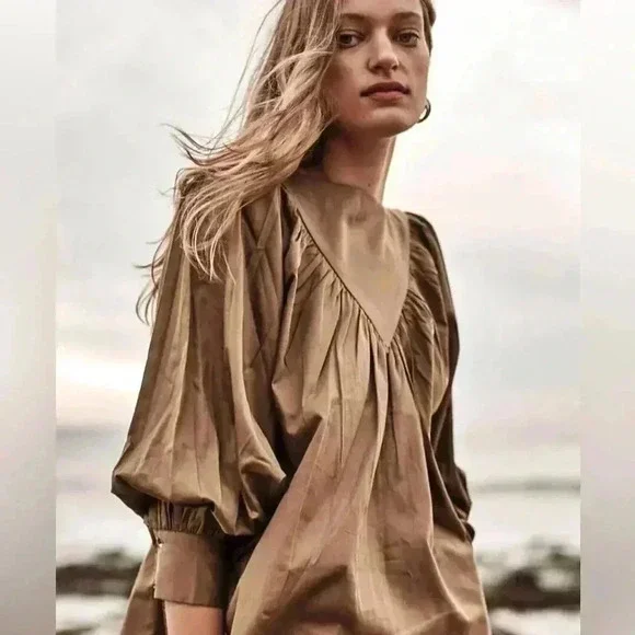 Future Primitive Balloon Sleeve Blouse in Khaki Sustainable - Picture 1 of 13
